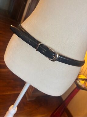 Talbots Black Slim Leather Belt with Silver Buckle - L